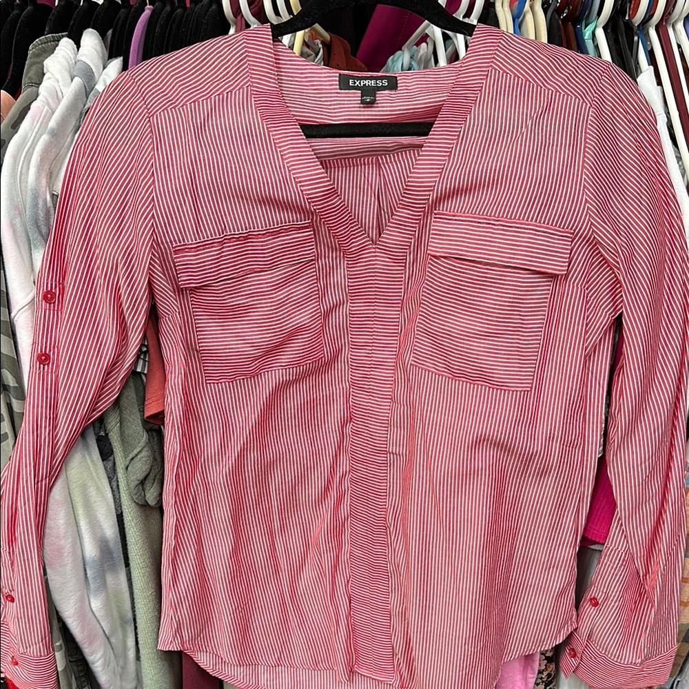 Express Red and White Striped V-Neck Blouse